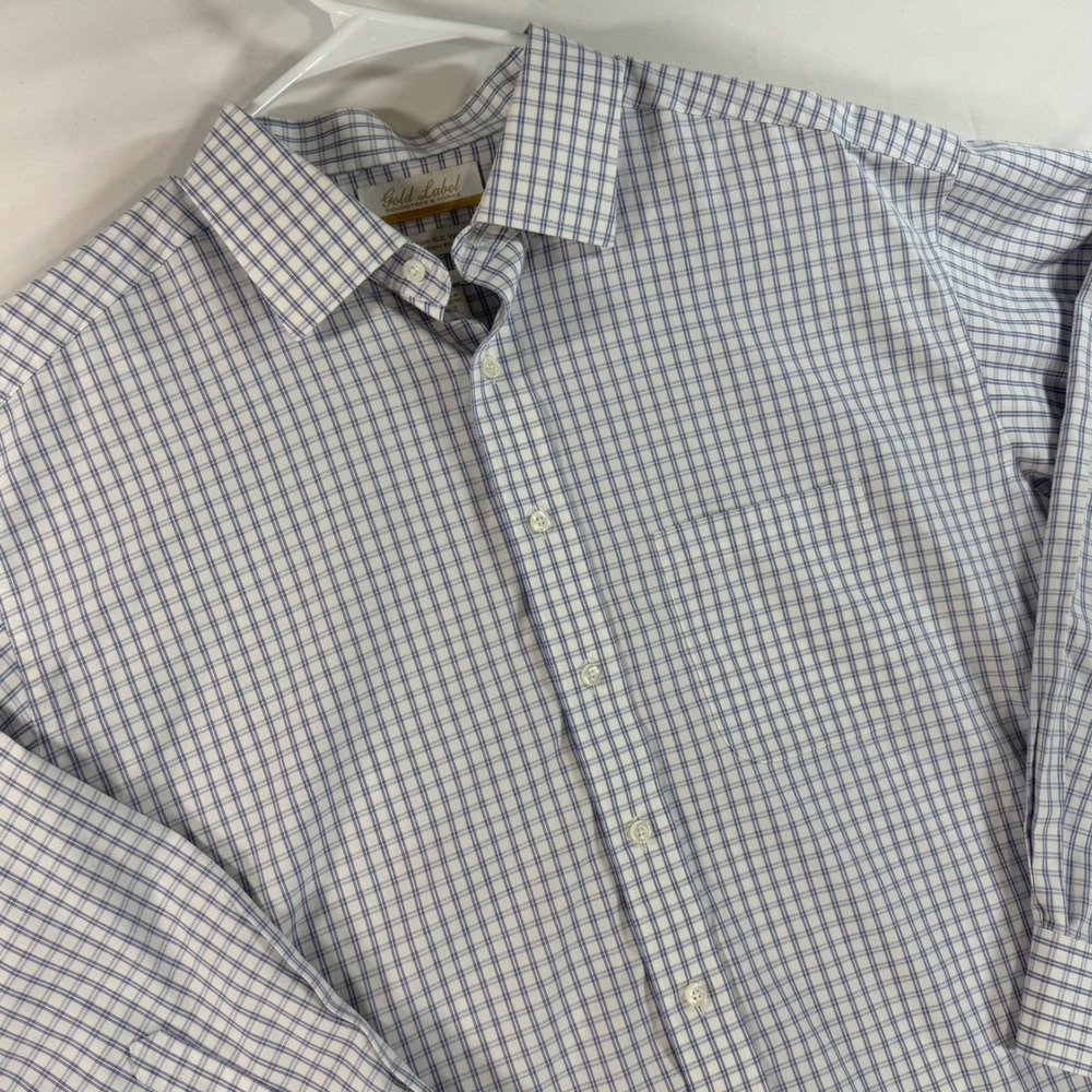 Gold Label Roundtree & Yorke Mens 17 34 Blue White Tattersall Check Dress Shirt